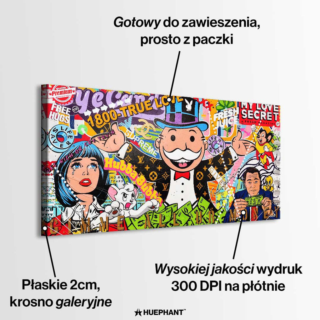 Obraz na płótnie „Cash Carnival” z Monopoly Manem, Wilkiem z Wall Street, ikonami popkultury i motywem bogactwa w kolorowej, graffiti artystycznej kompozycji.
