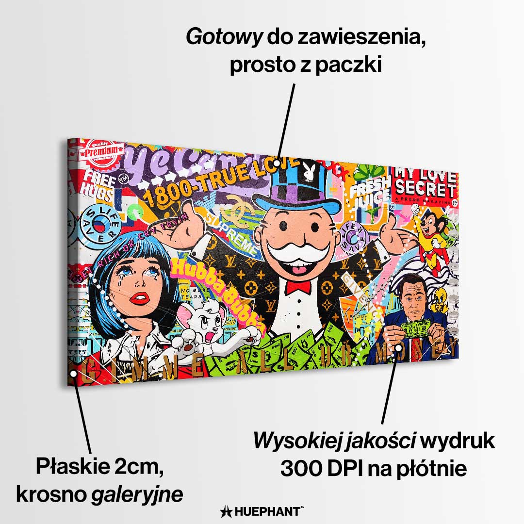 Obraz na płótnie „Cash Carnival” z Monopoly Manem, Wilkiem z Wall Street, ikonami popkultury i motywem bogactwa w kolorowej, graffiti artystycznej kompozycji.