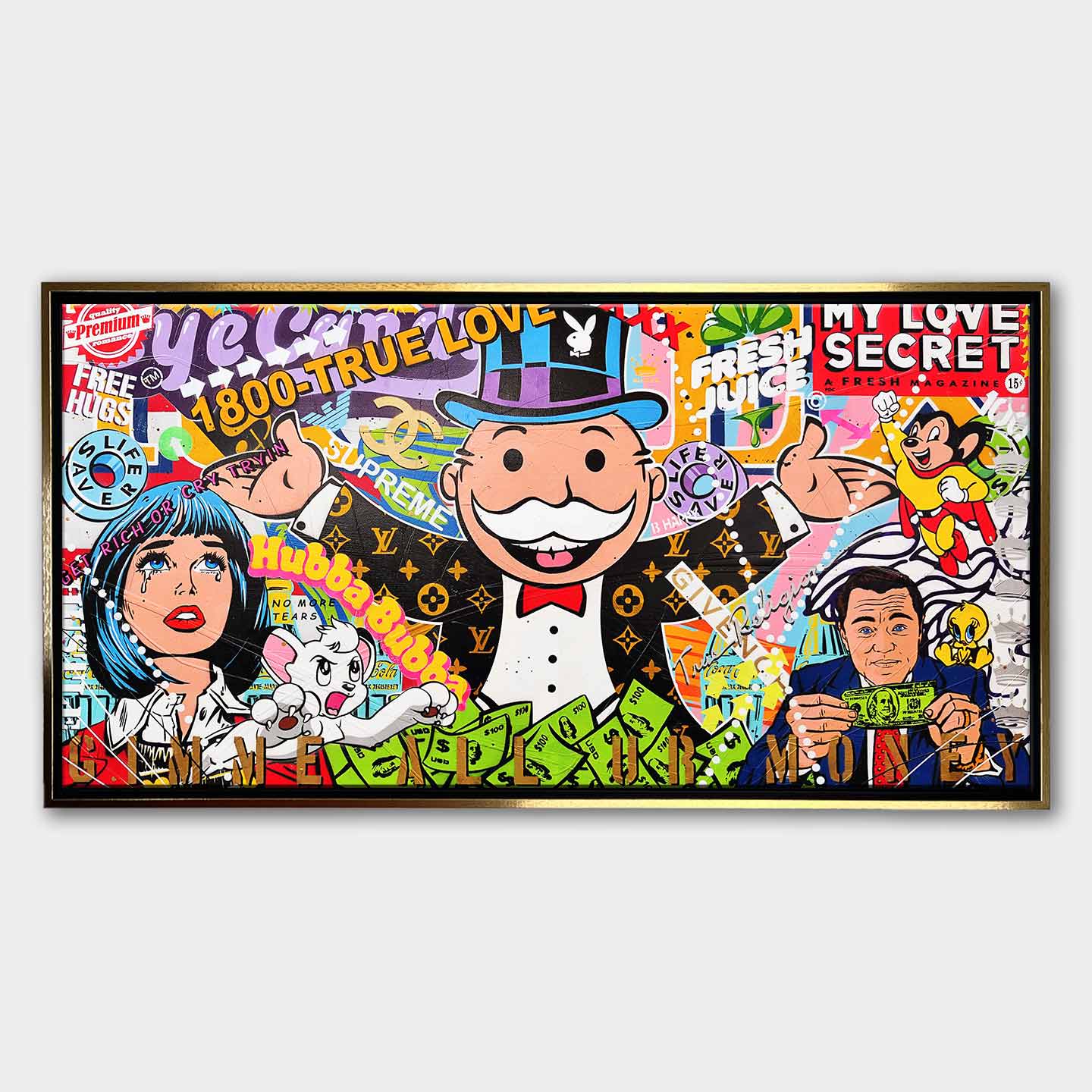 Obraz na płótnie „Cash Carnival” z Monopoly Manem, Wilkiem z Wall Street, ikonami popkultury i motywem bogactwa w kolorowej, graffiti artystycznej kompozycji.