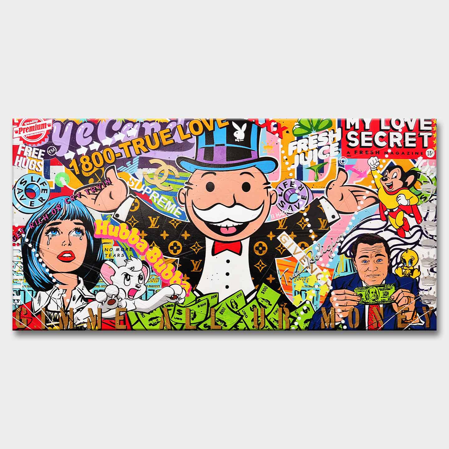 Obraz na płótnie „Cash Carnival” z Monopoly Manem, Wilkiem z Wall Street, ikonami popkultury i motywem bogactwa w kolorowej, graffiti artystycznej kompozycji.