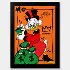 Obraz na płótnie Cash Duck – komiksowa postać z gotówką i workami pieniędzy na pomarańczowym tle, kolorowy wydruk galeryjny pop art.