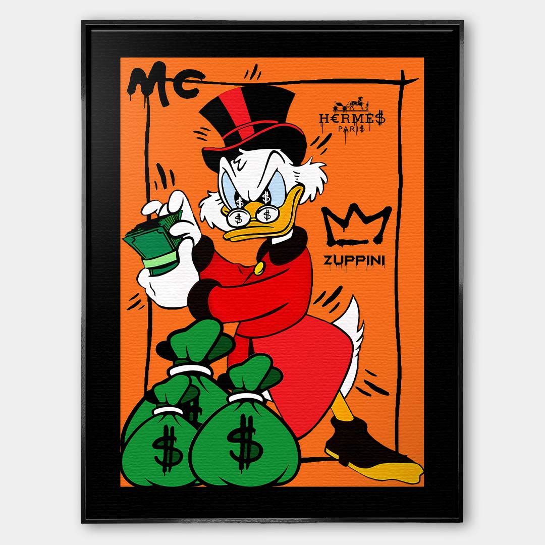 Obraz na płótnie Cash Duck – komiksowa postać z gotówką i workami pieniędzy na pomarańczowym tle, kolorowy wydruk galeryjny pop art.