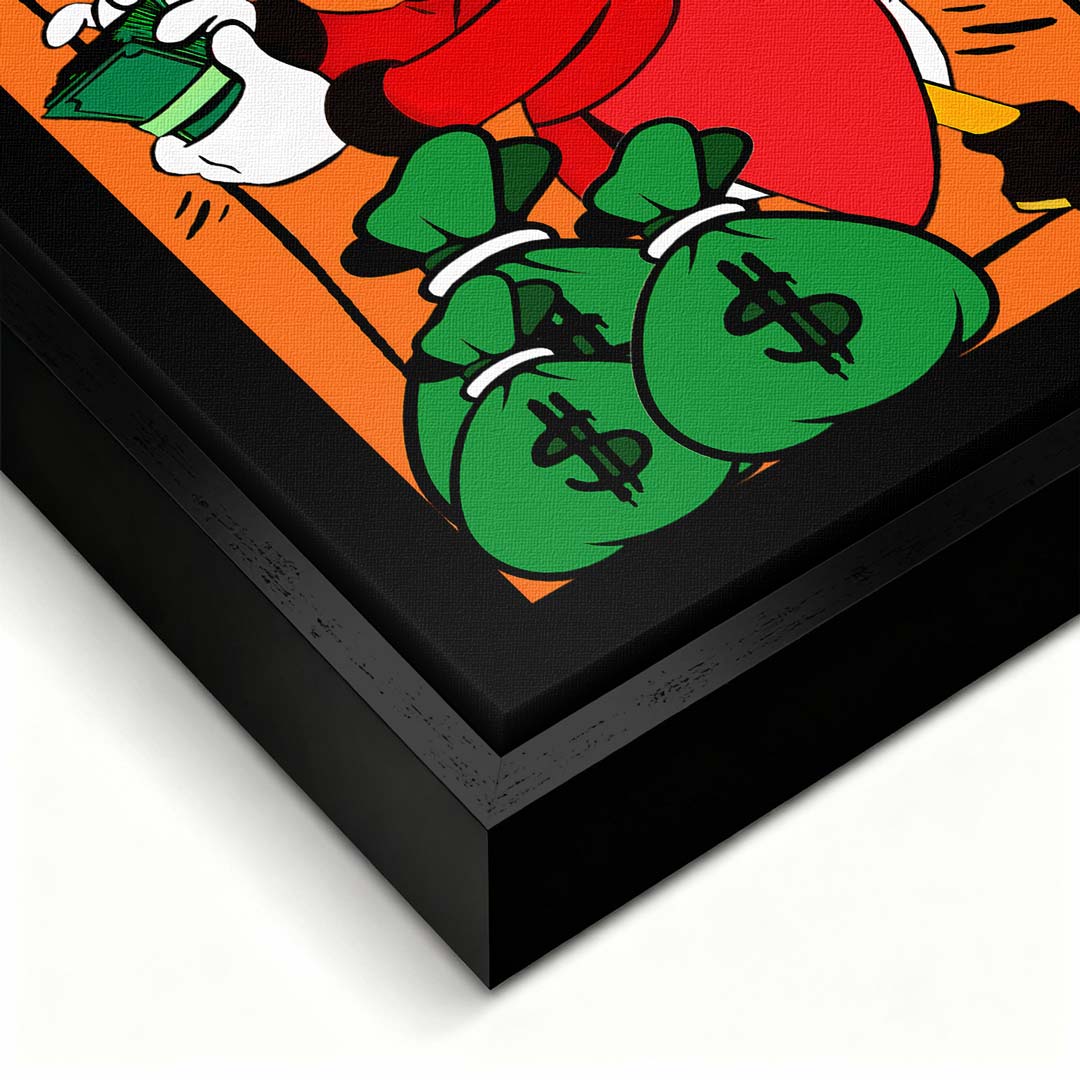 Obraz na płótnie Cash Duck – komiksowa postać z gotówką i workami pieniędzy na pomarańczowym tle, kolorowy wydruk galeryjny pop art.