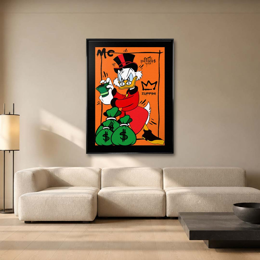 Obraz na płótnie Cash Duck – komiksowa postać z gotówką i workami pieniędzy na pomarańczowym tle, kolorowy wydruk galeryjny pop art.