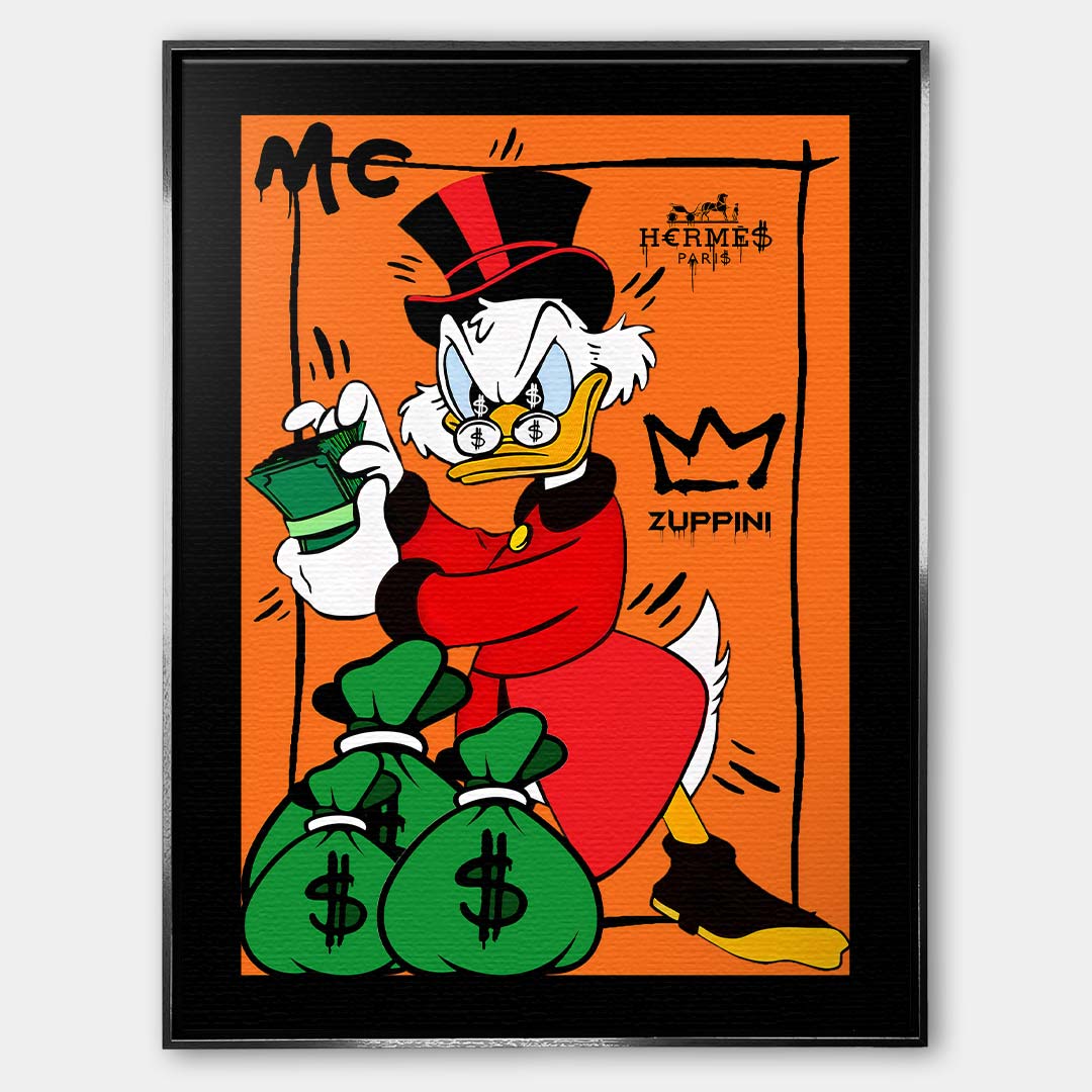 Obraz na płótnie Cash Duck – komiksowa postać z gotówką i workami pieniędzy na pomarańczowym tle, kolorowy wydruk galeryjny pop art.
