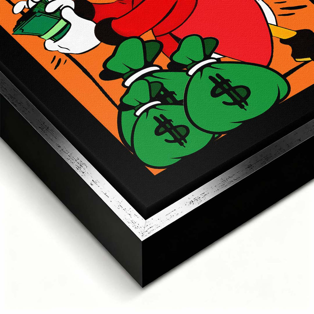 Obraz na płótnie Cash Duck – komiksowa postać z gotówką i workami pieniędzy na pomarańczowym tle, kolorowy wydruk galeryjny pop art.