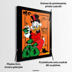 Obraz na płótnie Cash Duck – komiksowa postać z gotówką i workami pieniędzy na pomarańczowym tle, kolorowy wydruk galeryjny pop art.