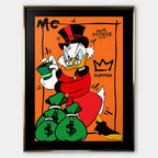 Obraz na płótnie Cash Duck – komiksowa postać z gotówką i workami pieniędzy na pomarańczowym tle, kolorowy wydruk galeryjny pop art.