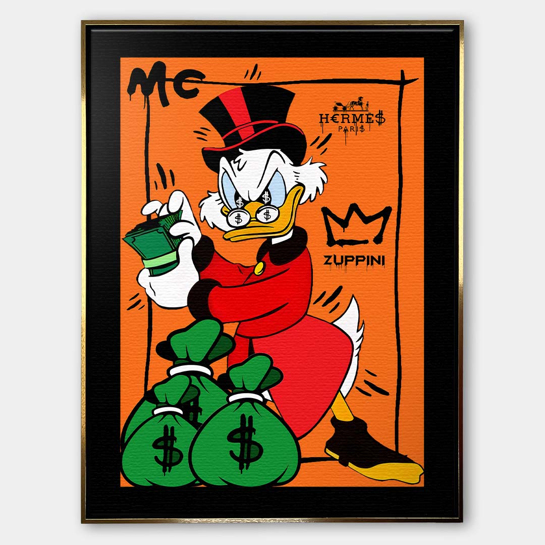 Obraz na płótnie Cash Duck – komiksowa postać z gotówką i workami pieniędzy na pomarańczowym tle, kolorowy wydruk galeryjny pop art.