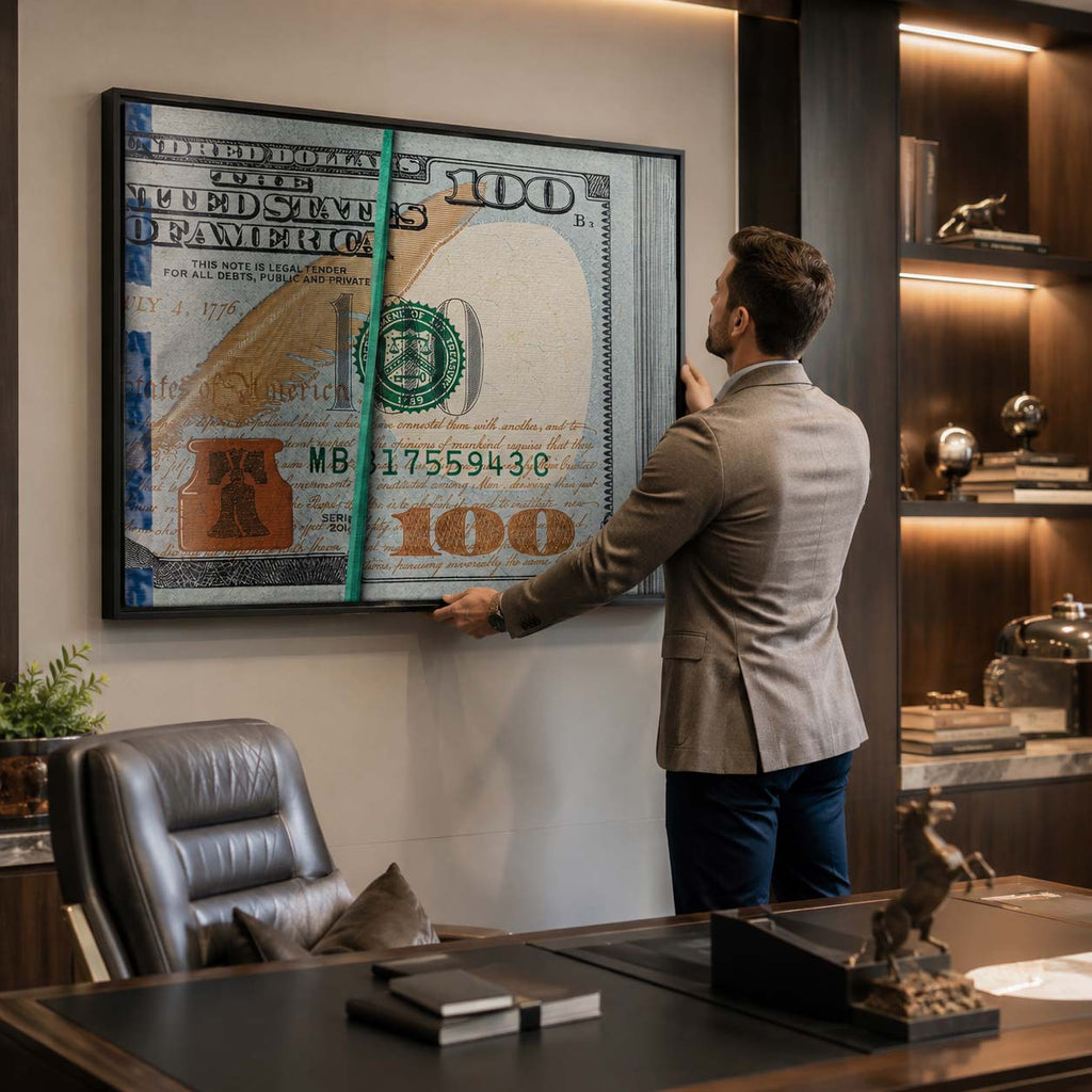Motywacyjny obraz na płótnie Cash Flow przedstawiający gruby plik studolarówek spiętych zieloną gumką recepturką, nowoczesny wydruk galeryjny.
