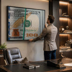 Motywacyjny obraz na płótnie Cash Flow przedstawiający gruby plik studolarówek spiętych zieloną gumką recepturką, nowoczesny wydruk galeryjny.