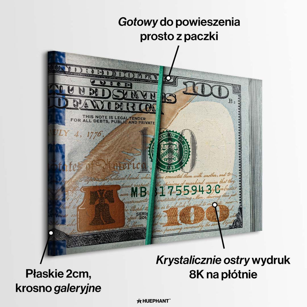 Motywacyjny obraz na płótnie Cash Flow przedstawiający gruby plik studolarówek spiętych zieloną gumką recepturką, nowoczesny wydruk galeryjny.