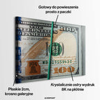 Motywacyjny obraz na płótnie Cash Flow przedstawiający gruby plik studolarówek spiętych zieloną gumką recepturką, nowoczesny wydruk galeryjny.