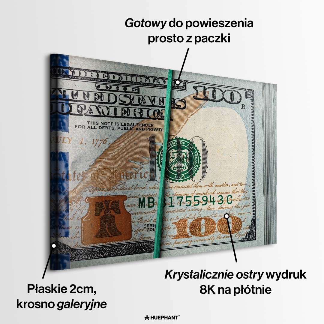 Motywacyjny obraz na płótnie Cash Flow przedstawiający gruby plik studolarówek spiętych zieloną gumką recepturką, nowoczesny wydruk galeryjny.