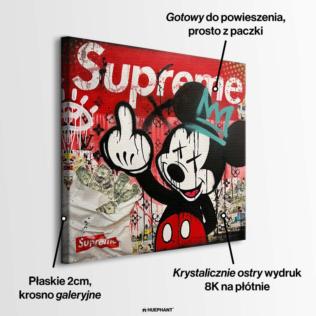 Nowoczesny obraz na płótnie w stylu pop-art przedstawiający postać rysunkową myszki w klimacie street art, wydruk galeryjny.