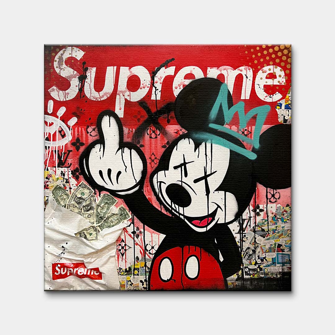 Nowoczesny obraz na płótnie w stylu pop-art przedstawiający postać rysunkową myszki w klimacie street art, wydruk galeryjny.