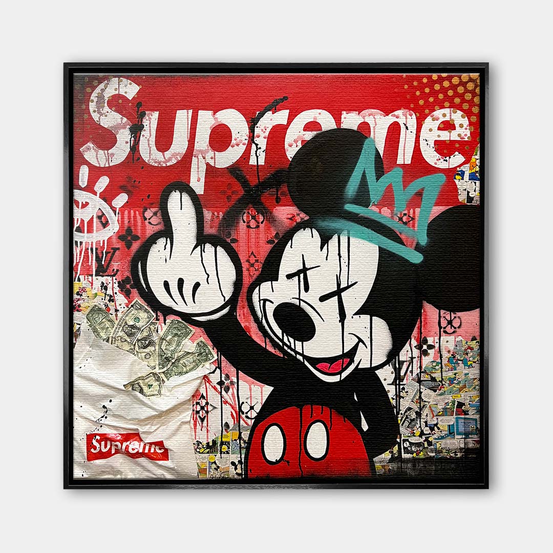 Nowoczesny obraz na płótnie w stylu pop-art przedstawiający postać rysunkową myszki w klimacie street art, wydruk galeryjny.