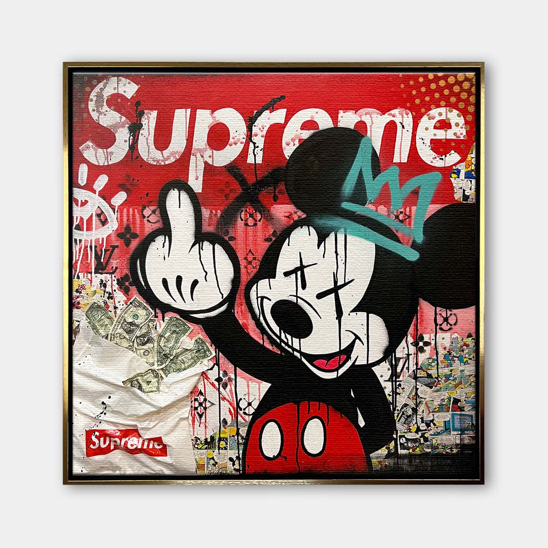Nowoczesny obraz na płótnie w stylu pop-art przedstawiający postać rysunkową myszki w klimacie street art, wydruk galeryjny.