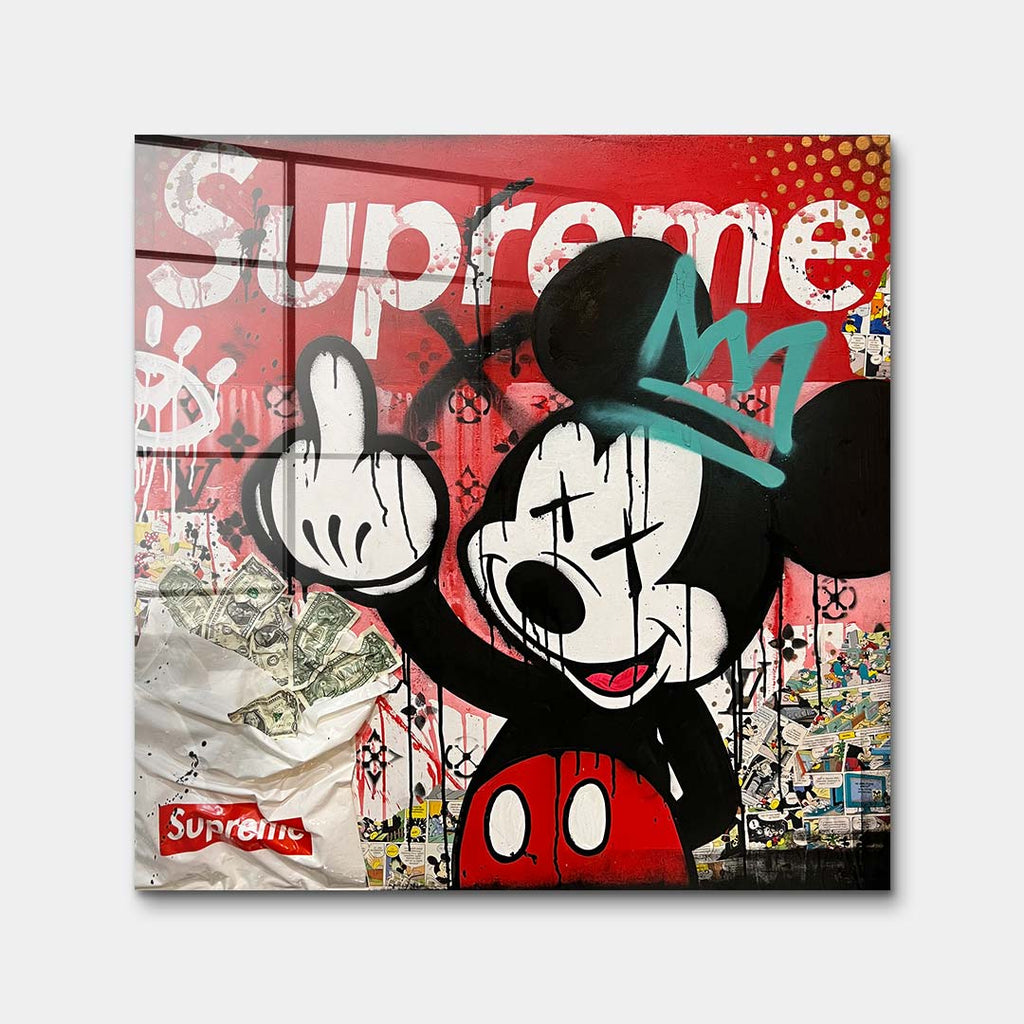 Nowoczesny obraz na szkle akrylowym w stylu pop-art przedstawiający postać rysunkową myszki w klimacie street art, wydruk galeryjny.