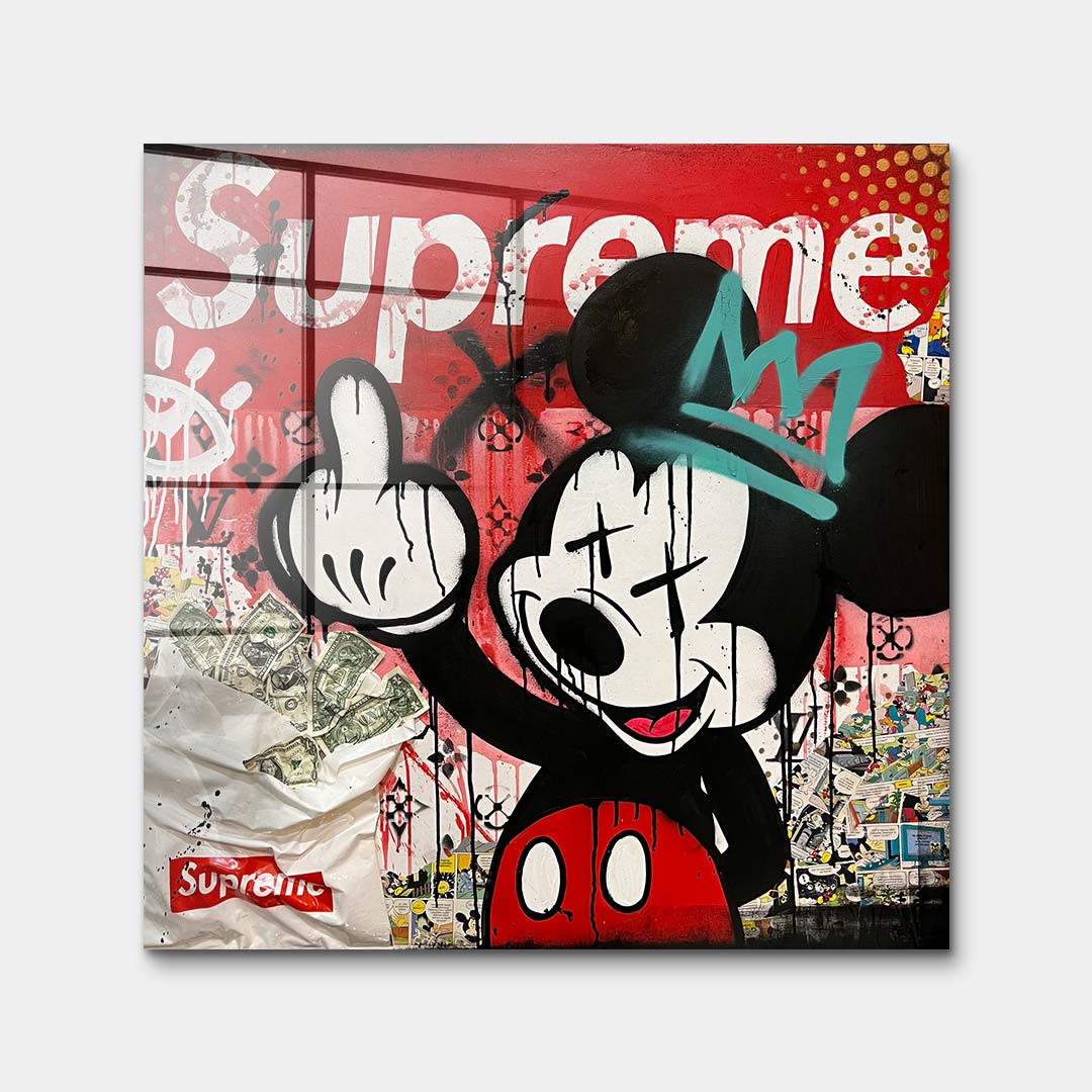 Nowoczesny obraz na szkle akrylowym w stylu pop-art przedstawiający postać rysunkową myszki w klimacie street art, wydruk galeryjny.