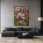 Obraz na płótnie pop art przedstawiający postać kaczora przy ruletce z pieniędzmi, wydruk galeryjny sztuka nowoczesna.
