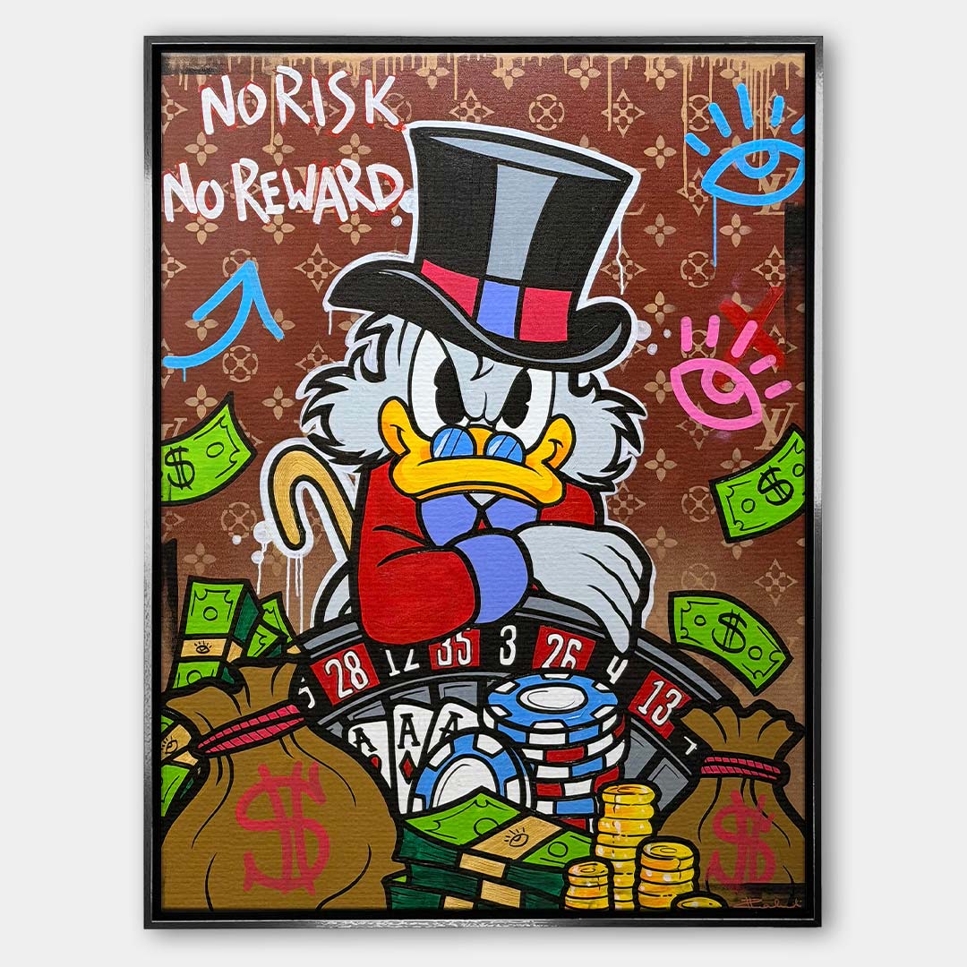 Obraz na płótnie pop art przedstawiający postać kaczora przy ruletce z pieniędzmi, wydruk galeryjny sztuka nowoczesna.