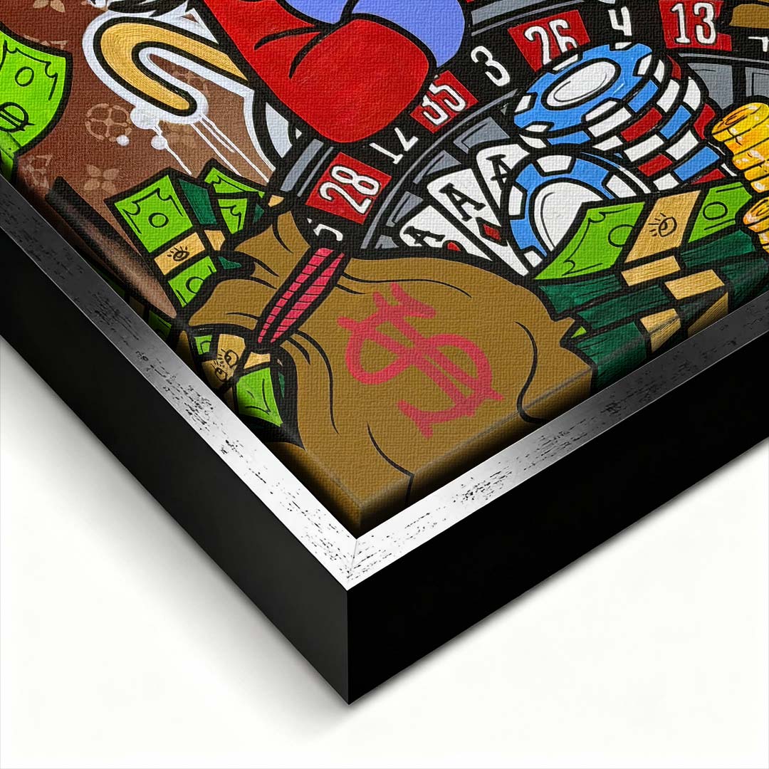 Obraz na płótnie pop art przedstawiający postać kaczora przy ruletce z pieniędzmi, wydruk galeryjny sztuka nowoczesna.