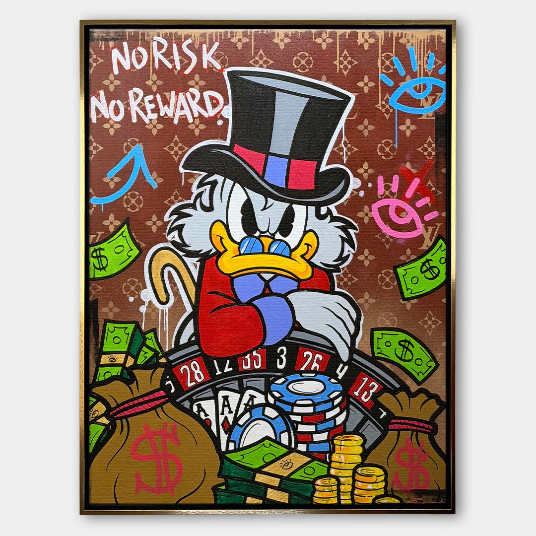 Obraz na płótnie pop art przedstawiający postać kaczora przy ruletce z pieniędzmi, wydruk galeryjny sztuka nowoczesna.