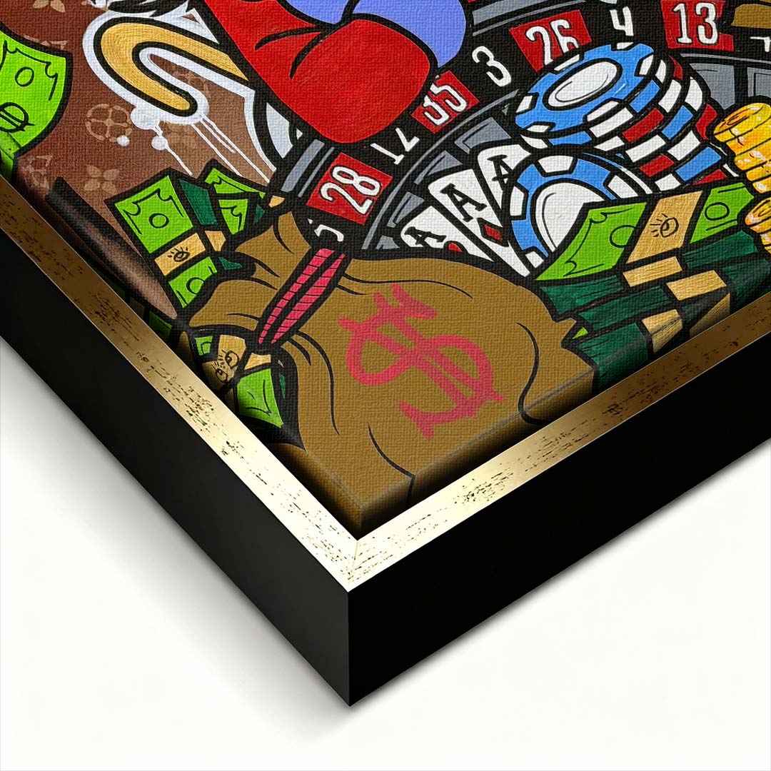 Obraz na płótnie pop art przedstawiający postać kaczora przy ruletce z pieniędzmi, wydruk galeryjny sztuka nowoczesna.