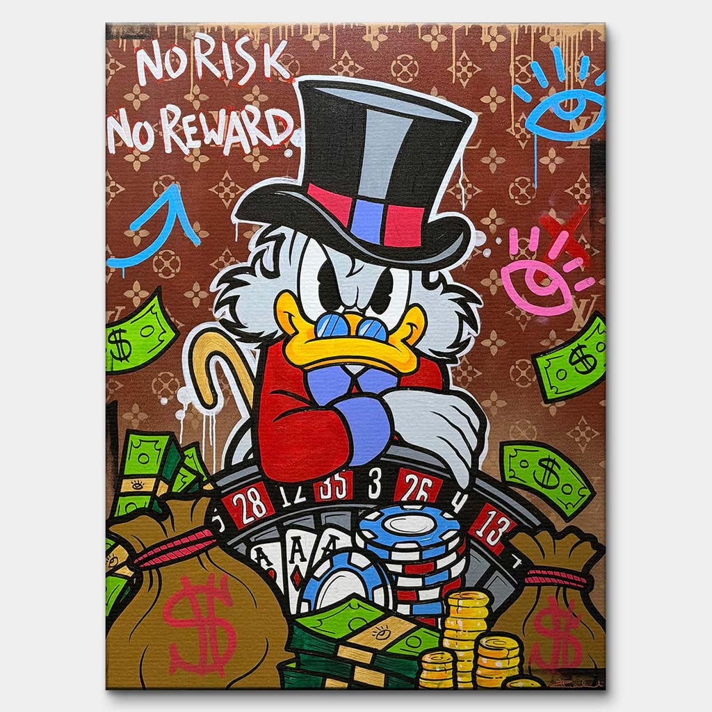 Obraz na płótnie pop art przedstawiający postać kaczora przy ruletce z pieniędzmi, wydruk galeryjny sztuka nowoczesna.