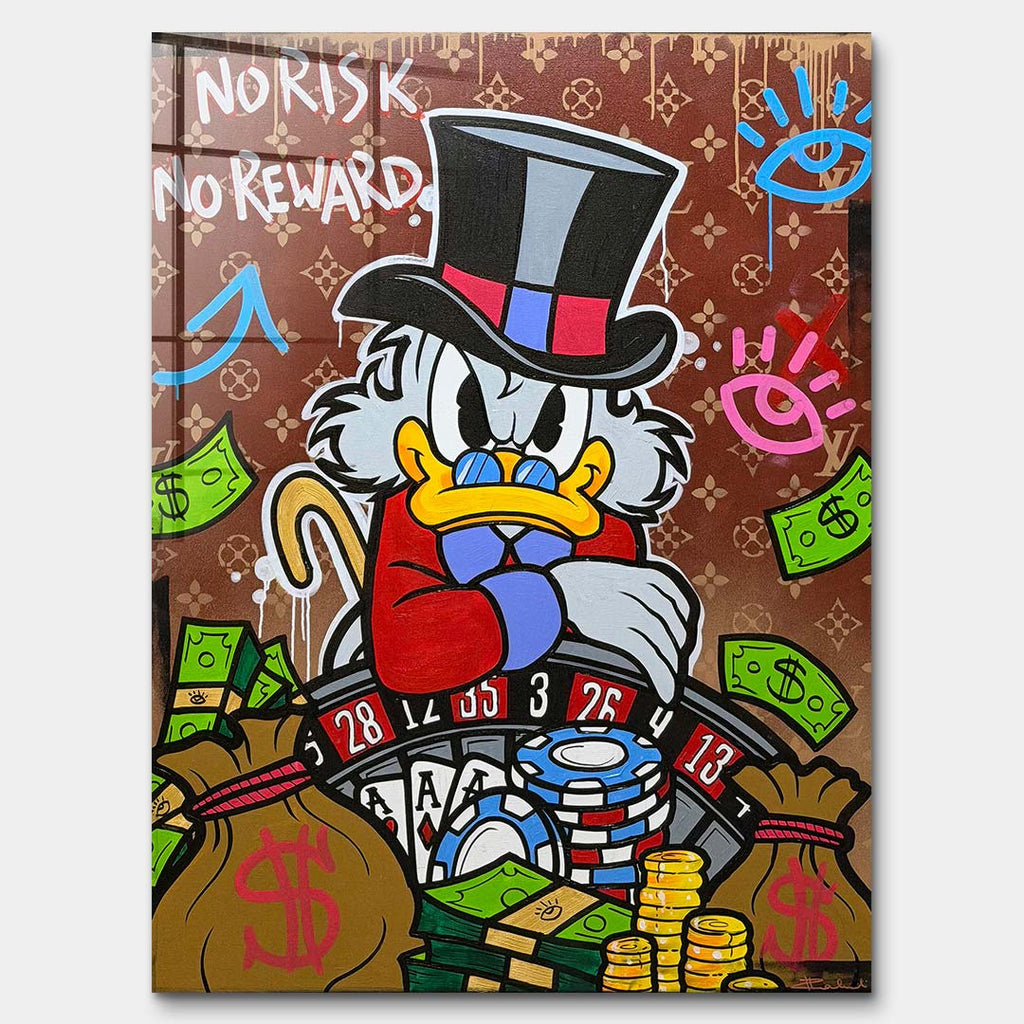 Obraz na szkle akrylowym pop art przedstawiający postać kaczora przy ruletce z pieniędzmi, wydruk galeryjny sztuka nowoczesna.