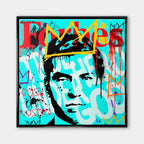 Obraz na płótnie z portretem Charlesa Lucky Luciano na błękitnym tle w stylu pop-art z logo Forbes i graffiti. Nowoczesny wydruk galeryjny Huephant.