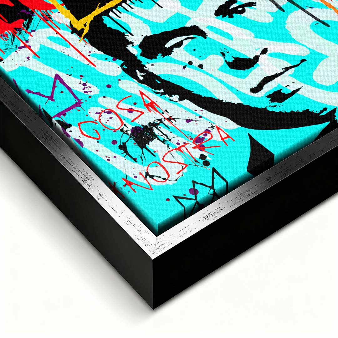 Obraz na płótnie z portretem Charlesa Lucky Luciano na błękitnym tle w stylu pop-art z logo Forbes i graffiti. Nowoczesny wydruk galeryjny Huephant.