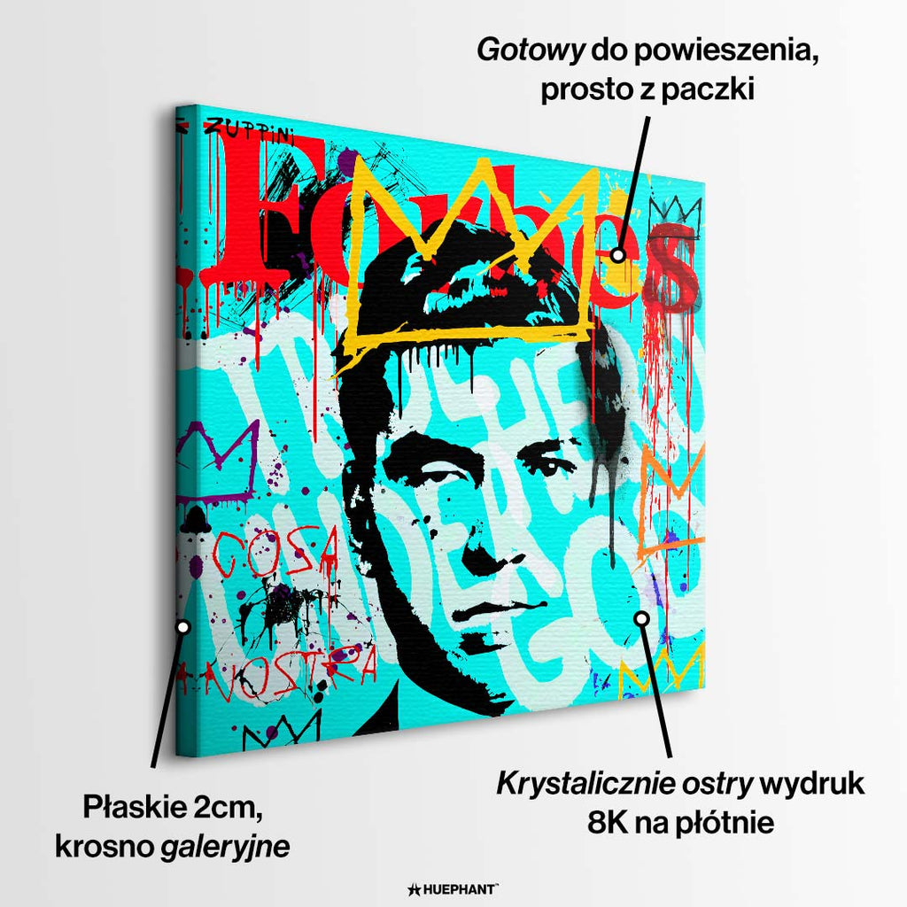 Obraz na płótnie z portretem Charlesa Lucky Luciano na błękitnym tle w stylu pop-art z logo Forbes i graffiti. Nowoczesny wydruk galeryjny Huephant.