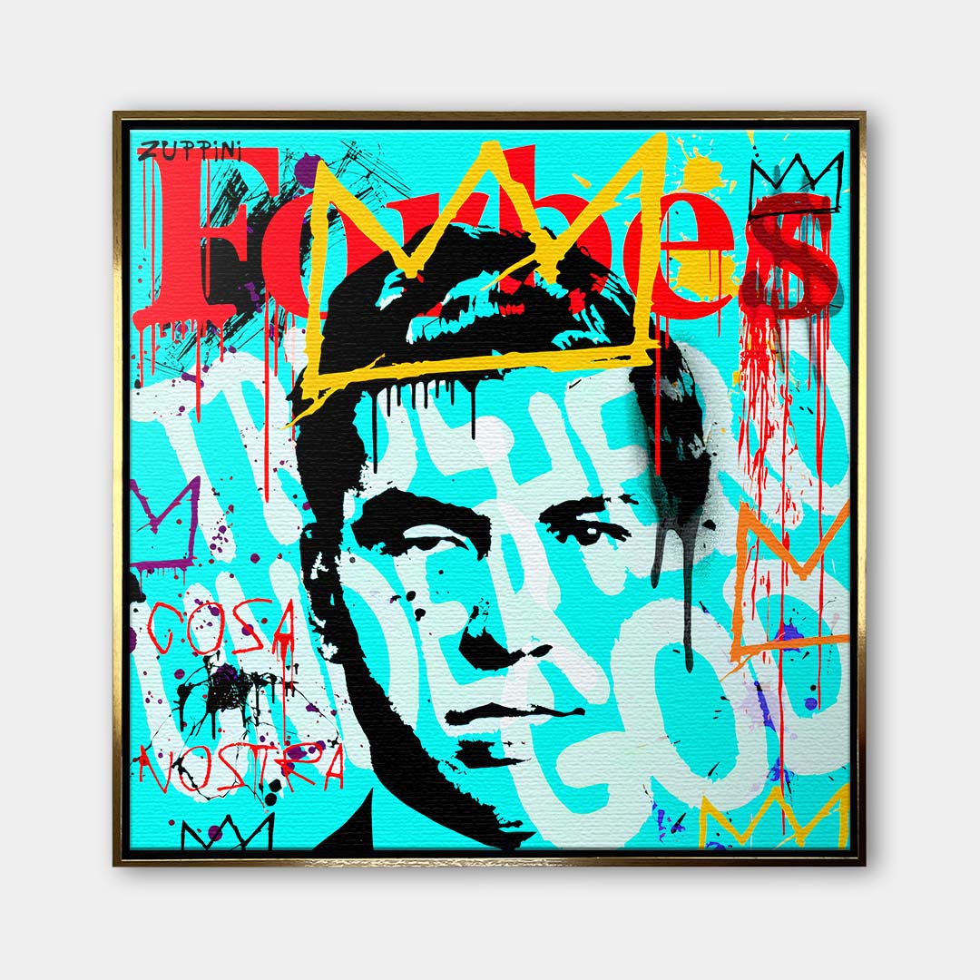 Obraz na płótnie z portretem Charlesa Lucky Luciano na błękitnym tle w stylu pop-art z logo Forbes i graffiti. Nowoczesny wydruk galeryjny Huephant.