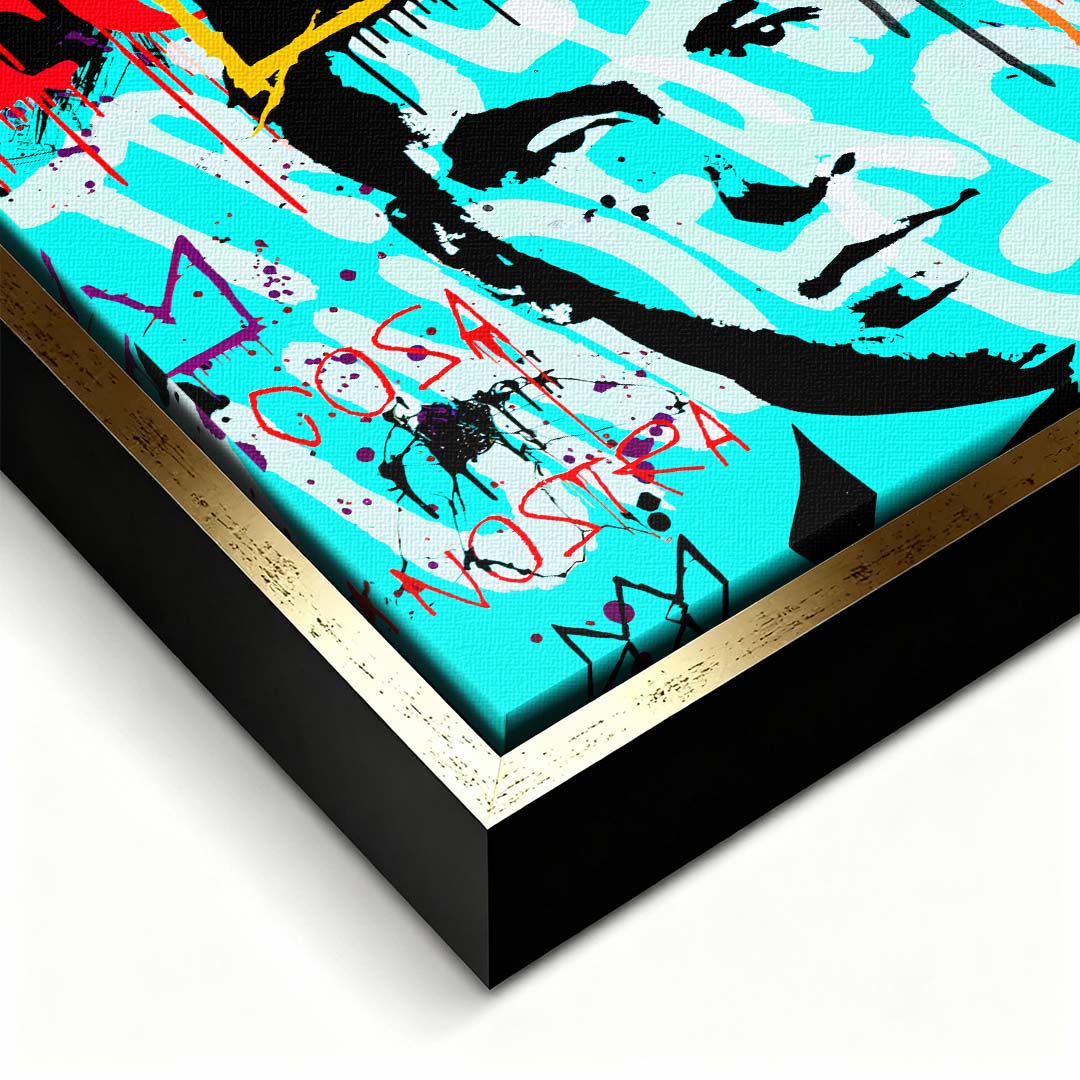 Obraz na płótnie z portretem Charlesa Lucky Luciano na błękitnym tle w stylu pop-art z logo Forbes i graffiti. Nowoczesny wydruk galeryjny Huephant.