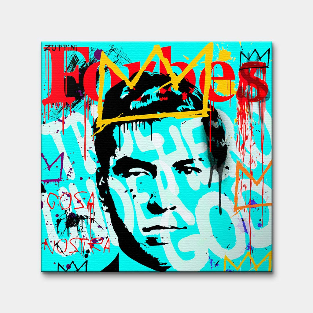 Obraz na płótnie z portretem Charlesa Lucky Luciano na błękitnym tle w stylu pop-art z logo Forbes i graffiti. Nowoczesny wydruk galeryjny Huephant.