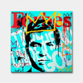 Obraz na płótnie z portretem Charlesa Lucky Luciano na błękitnym tle w stylu pop-art z logo Forbes i graffiti. Nowoczesny wydruk galeryjny Huephant.