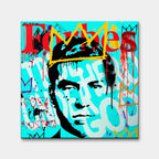 Obraz na płótnie z portretem Charlesa Lucky Luciano na błękitnym tle w stylu pop-art z logo Forbes i graffiti. Nowoczesny wydruk galeryjny Huephant.