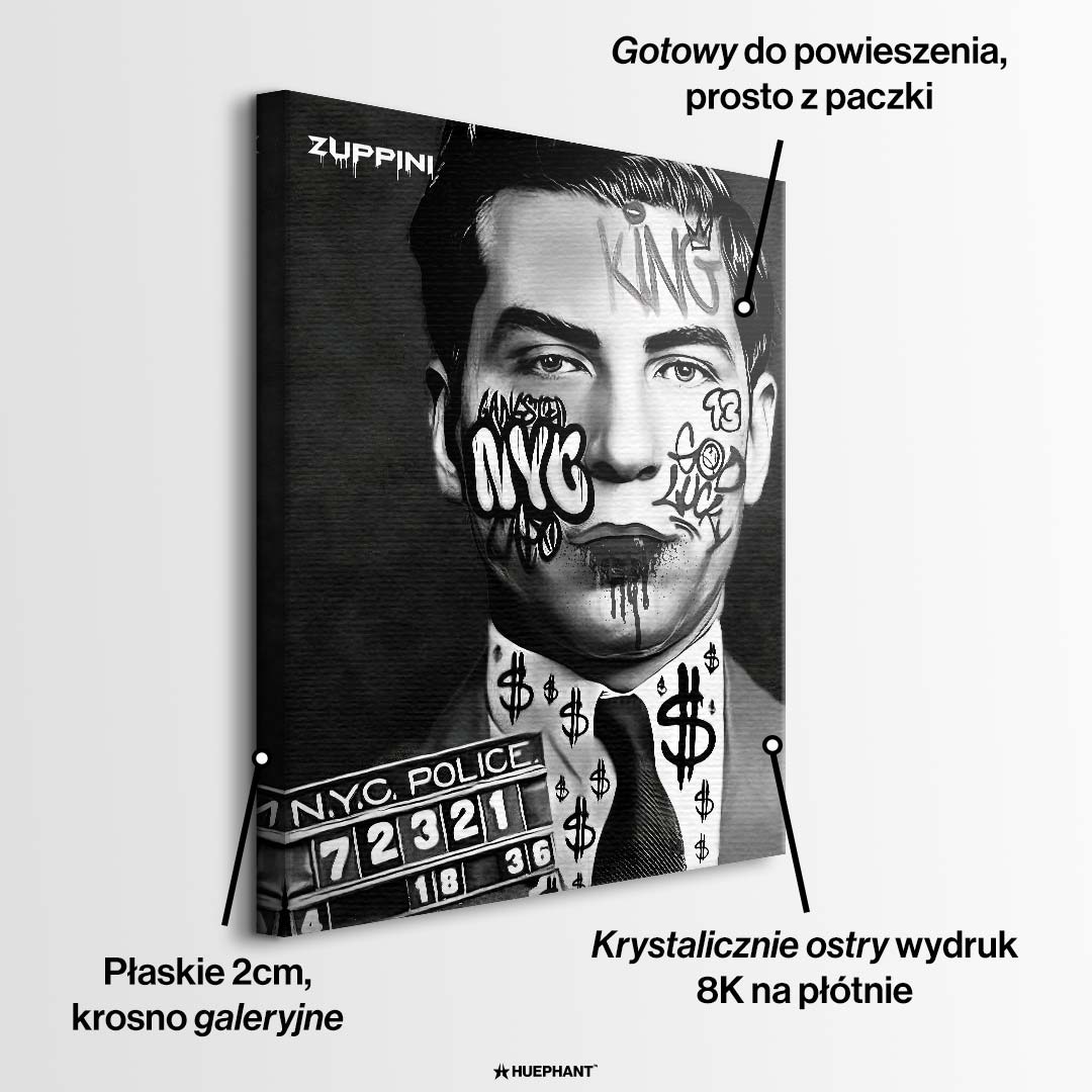 Czarno-biały obraz na płótnie Charles Lucky Luciano Graffiti. Policyjny mugshot w stylu pop art z napisami KING, NYC oraz motywem dolarów na koszuli.