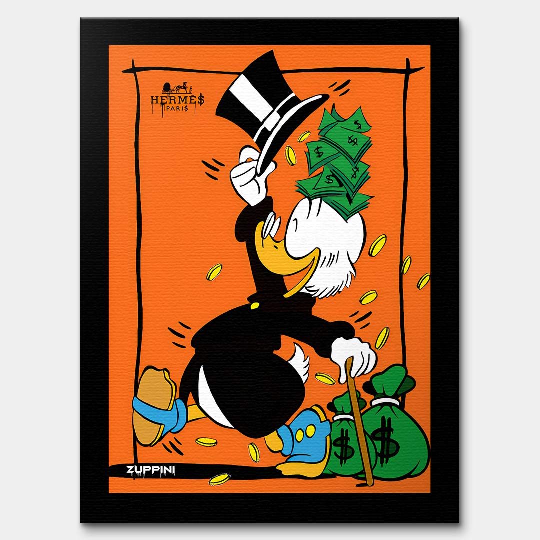 Obraz na płótnie Classy Duck – komiksowa postać w cylindrze z banknotami, monetami i workami pieniędzy na pomarańczowym tle, pop art.