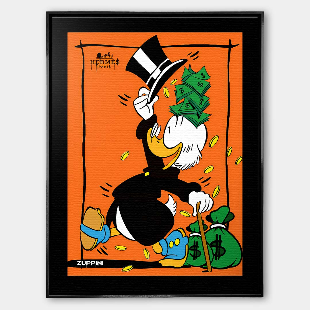 Obraz na płótnie Classy Duck – komiksowa postać w cylindrze z banknotami, monetami i workami pieniędzy na pomarańczowym tle, pop art.