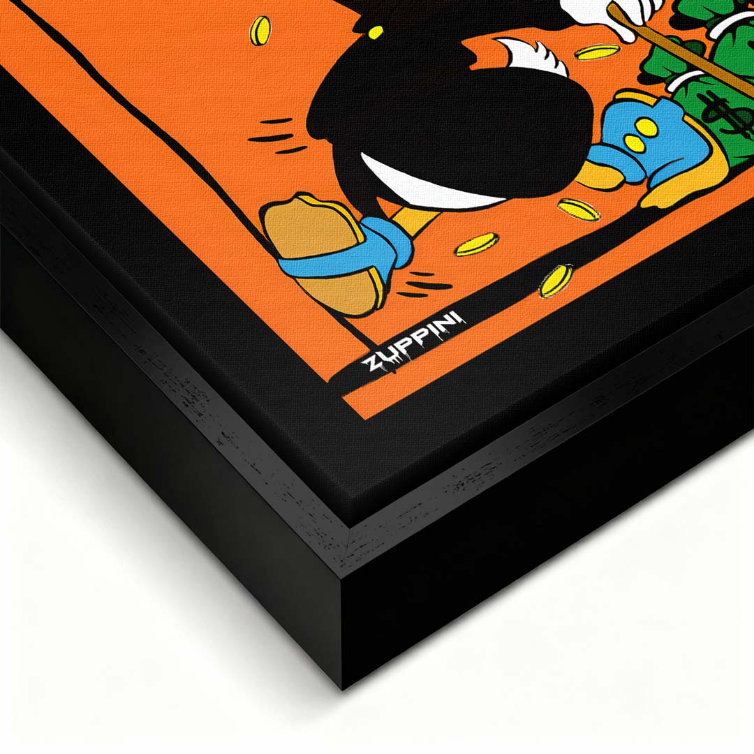 Obraz na płótnie Classy Duck – komiksowa postać w cylindrze z banknotami, monetami i workami pieniędzy na pomarańczowym tle, pop art.