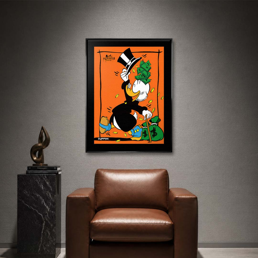 Obraz na płótnie Classy Duck – komiksowa postać w cylindrze z banknotami, monetami i workami pieniędzy na pomarańczowym tle, pop art.