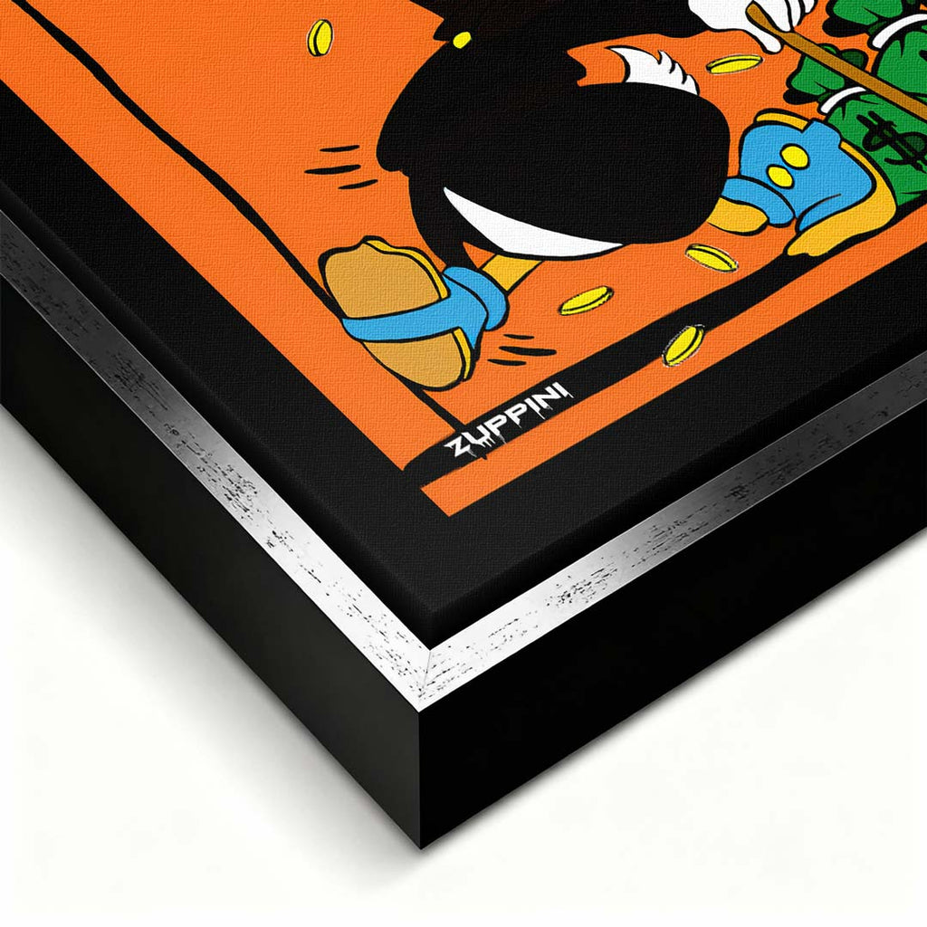 Obraz na płótnie Classy Duck – komiksowa postać w cylindrze z banknotami, monetami i workami pieniędzy na pomarańczowym tle, pop art.