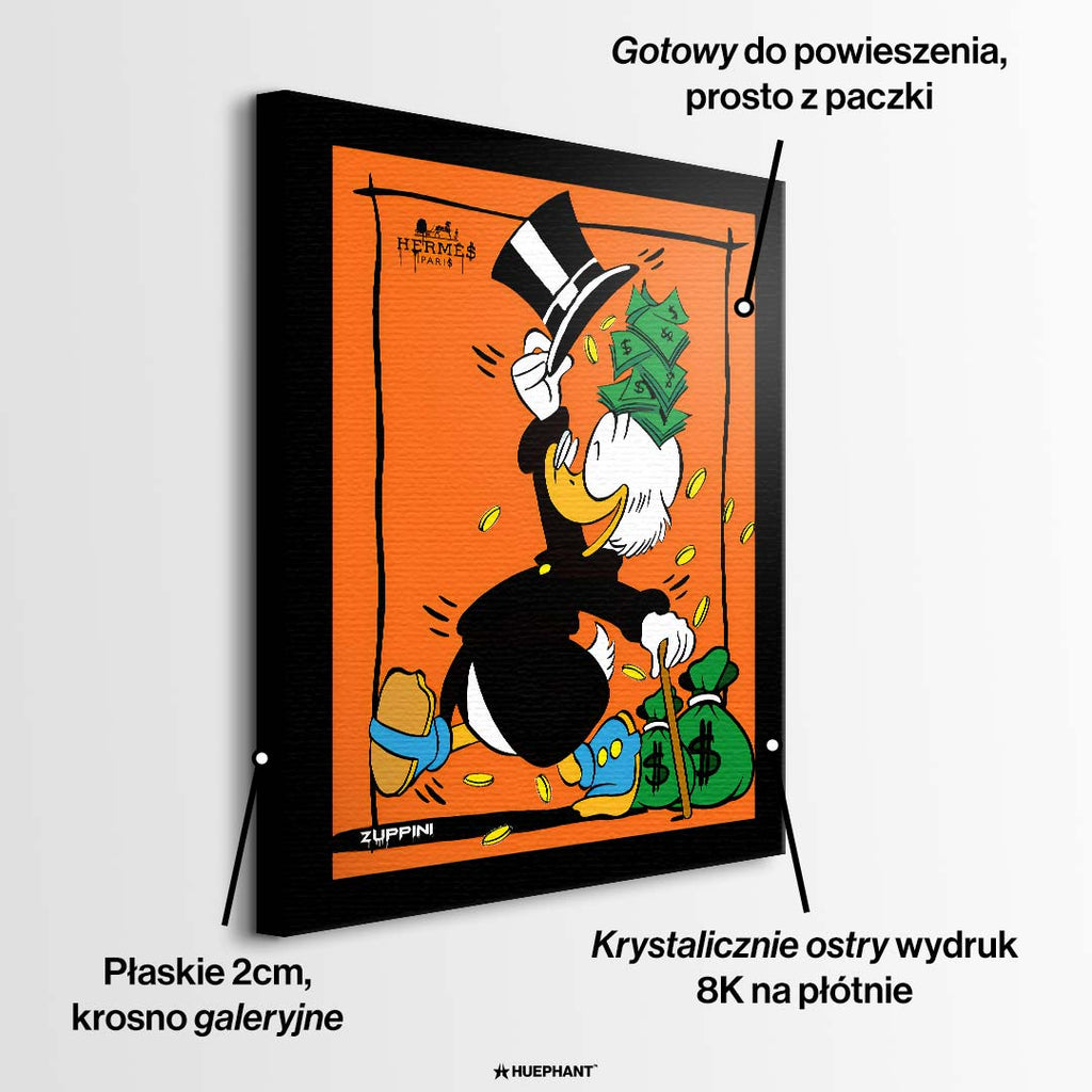 Obraz na płótnie Classy Duck – komiksowa postać w cylindrze z banknotami, monetami i workami pieniędzy na pomarańczowym tle, pop art.