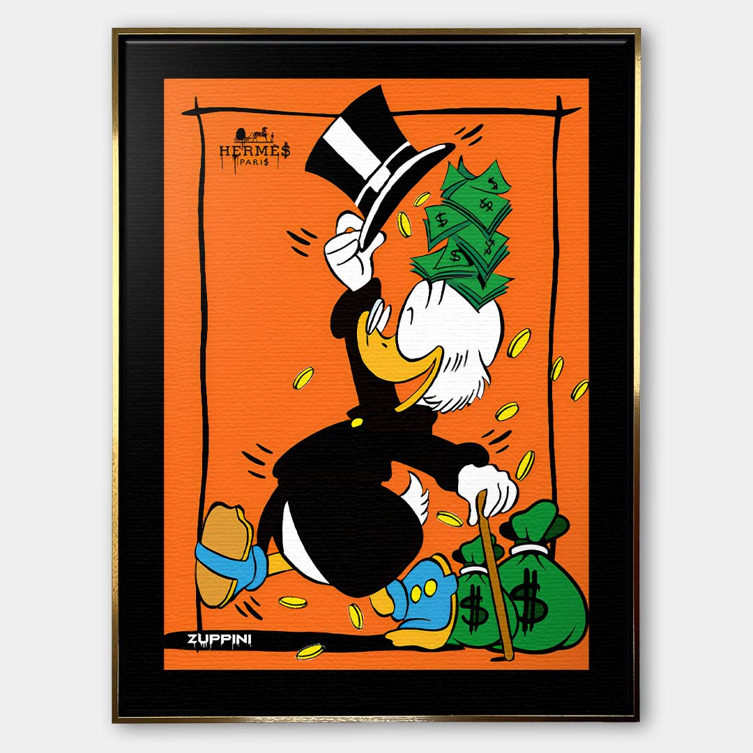 Obraz na płótnie Classy Duck – komiksowa postać w cylindrze z banknotami, monetami i workami pieniędzy na pomarańczowym tle, pop art.