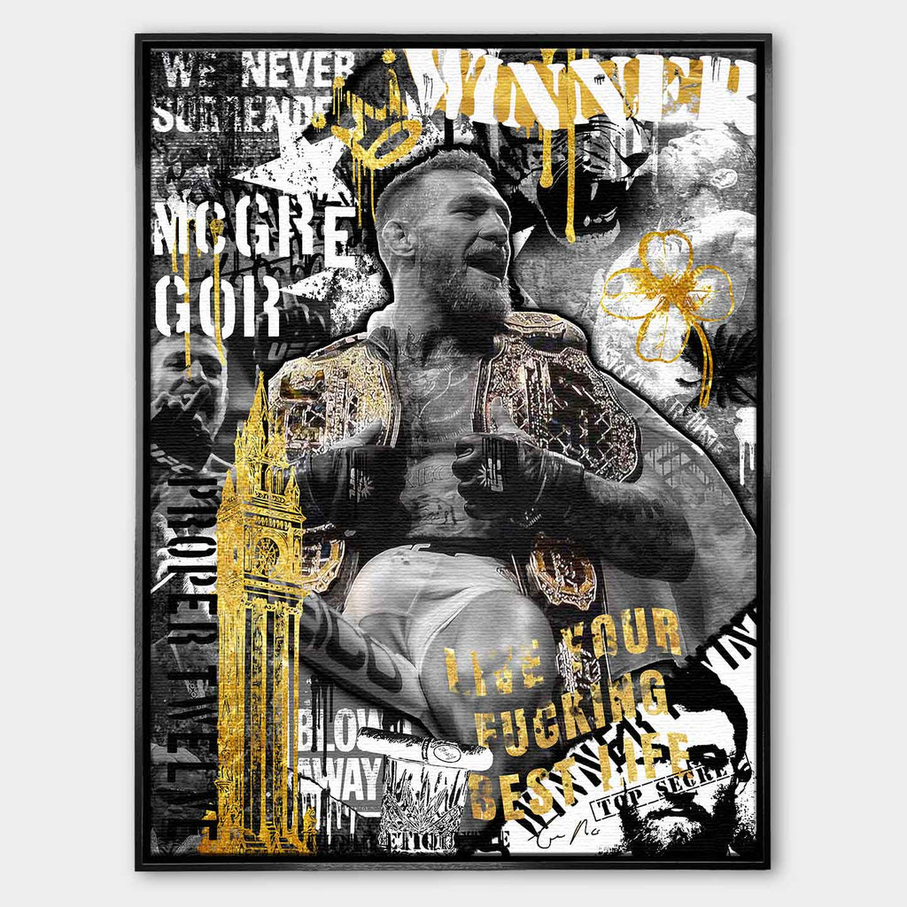 Obraz na płótnie McGregor Winner z Conorem McGregorem w czarno-złotej kompozycji, symbolizujący siłę, determinację i zwycięstwo.