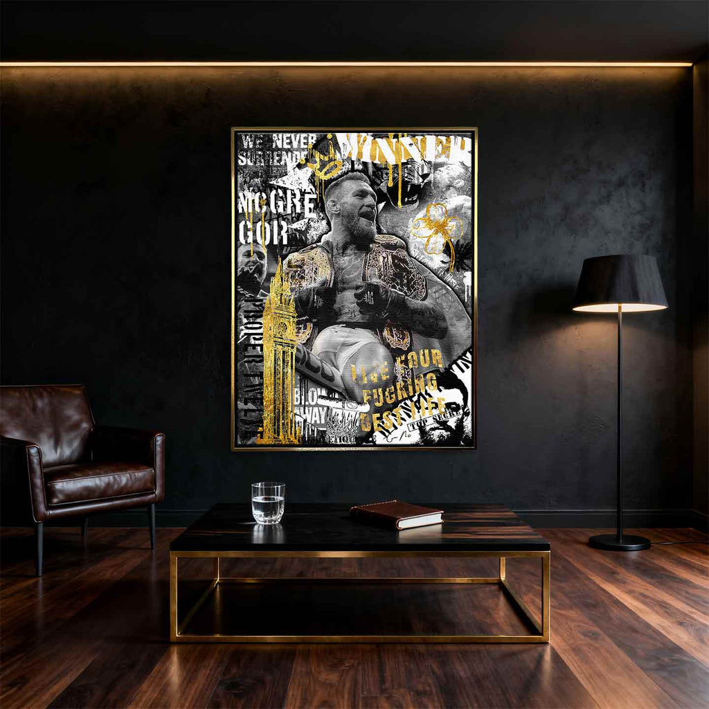 Obraz na płótnie McGregor Winner z Conorem McGregorem w czarno-złotej kompozycji, symbolizujący siłę, determinację i zwycięstwo.