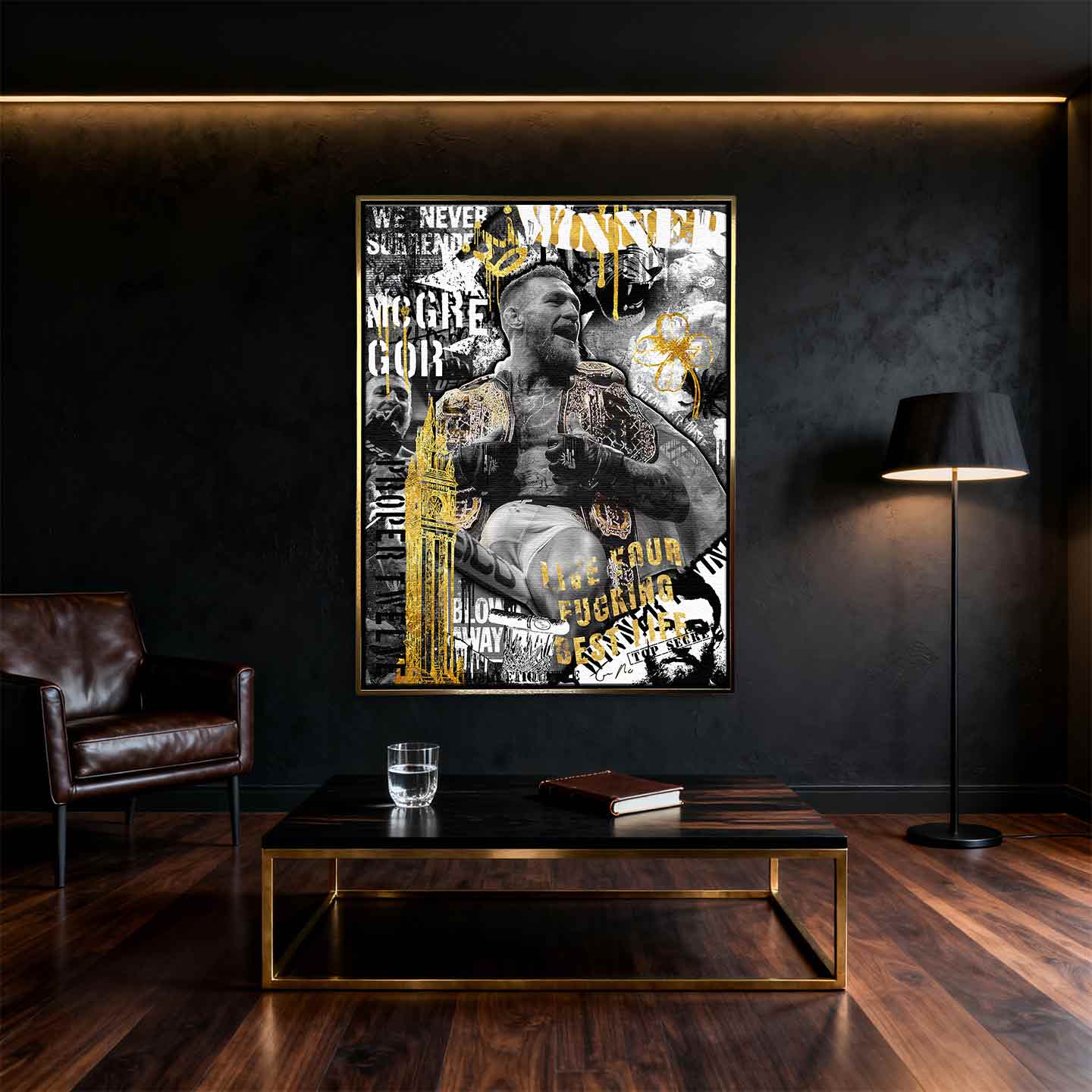 Obraz na płótnie McGregor Winner z Conorem McGregorem w czarno-złotej kompozycji, symbolizujący siłę, determinację i zwycięstwo.